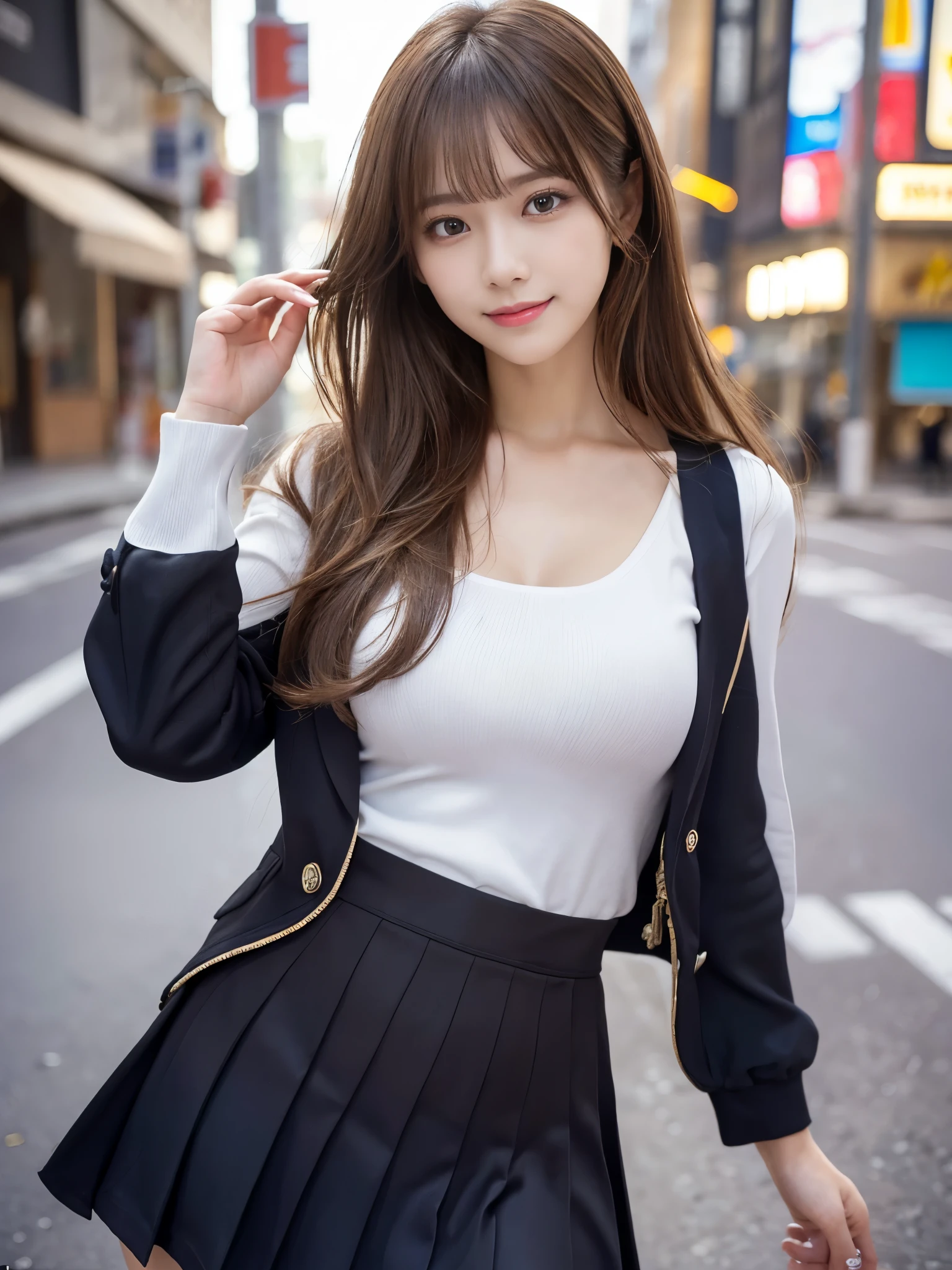 (Detailed skin:1.2),(Shiny skin:1.1),8K,Highest quality, masterpiece, Ultra-high resolution,(Realistic:1.4), RAW Photos,(Soft saturation:1.3),(Fair skin:1.2),Japanese Idols,repair,20 years, Light brown hair, (Long Hairstyles:1.2), Asymmetrical Hair, Asymmetrical bangs (Pretty face:1.4), (Big Breasts, Tight waist), Beautiful lighting, Small Head, (uniform:1.2,),Highly detailed face, Highly detailed lips, fine grain, double eyelid,(Full Body Shot), Browsing Caution, (Sharp focus: 1.2), (Perfect Anatomy、Beautiful woman with perfect figure: 1.2)、Random sexy poses,Accentuate your leg lines、Smiling