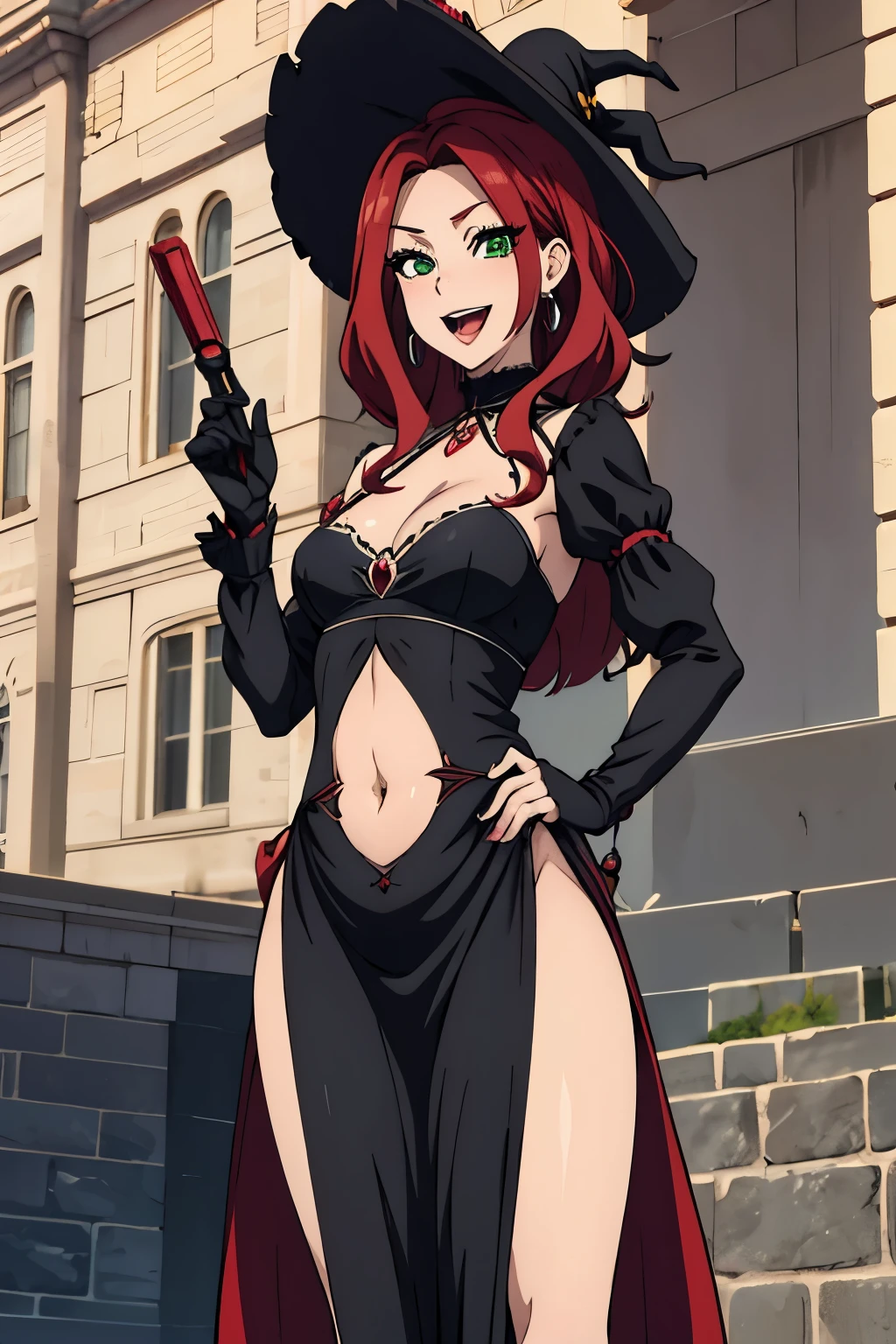 bitch medium breasts, red hair, beautiful face, green eyes, evil smile, blush, lipstick, evil smile,  mature female, gloves, , witch hat, black dress, long sleeve, holding a wand, castle, outdoors,, masterpiece, best quality, highly detailed, a anime girls in long dress with navel cutout posing for a
picture, evil smile, smile, open mouth, (nsfw) not safe for work, revealing dress, beautiful dress center
opening , long dress with bellybutton showing, ecchi anime style, anime girls, ecchi style, ecchi, digital
anime art!!, in anime style, official artwork, visual novel cg, beautiful anime girl, anime style 4 k, exposed
navel, exposed bellybutton, jewelry, earrings