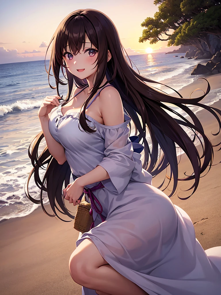 Location in Japan, Anime 1 girl, Brown hair, Eye color at the top is blue to the bottom is slightly purple, Cute face, Slim body, firm breasts, Slightly messy hair, smooth white skin like Mutia, The sun has set, on the beach, looking at the beach view, wearing a summer dress, Happy smiling, masterpiece, 8k.