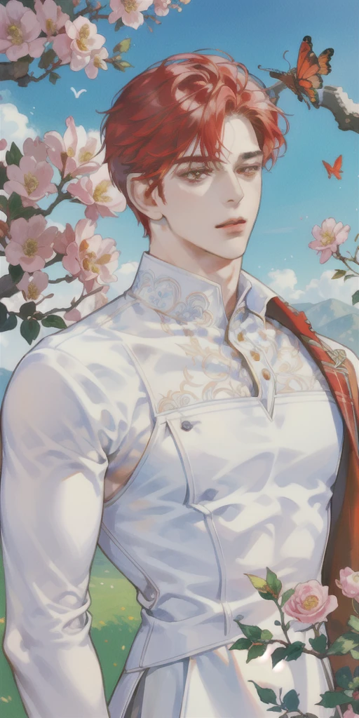 (best quality, masterpiece, ultra-realistic), portrait of 1 handsome and strong guy, short red unruly hair, white eyes with a soft and peaceful expression, background landscape garden with flowering bushes and butterflies fluttering around.