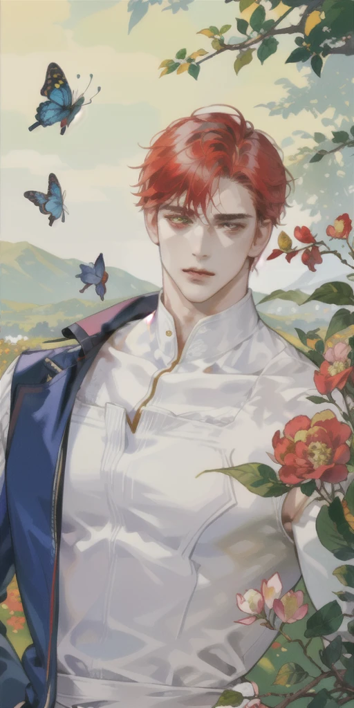 (best quality, masterpiece, ultra-realistic), portrait of 1 handsome and strong guy, short red unruly hair, white eyes with a soft and peaceful expression, background landscape garden with flowering bushes and butterflies fluttering around.