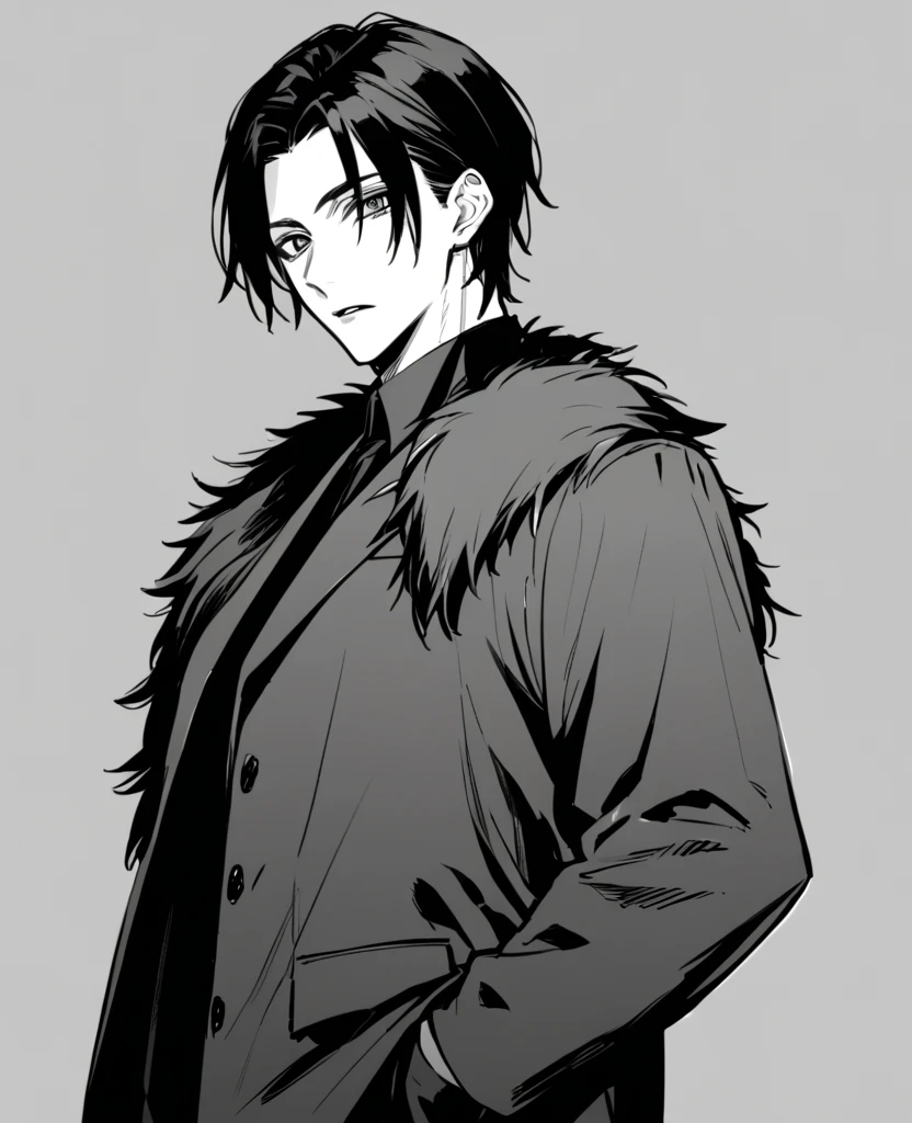 yuto-sano, 1boy, Kaneki, black hair, black suit, black long sleeves, fur coat, elegant, monochrome, solo, greyscale, male focus, looking at viewer