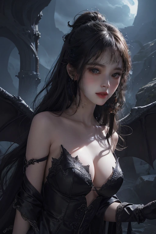 (best illustrations)、realistically、very detailed、best lighting、best shadow、Succubusที่มีเสน่ห์, pure beauty, set on clouds, (Fantasy Illustration:1.3), mesmerizing gaze, cute expression, delicate wings;, another world charm, Mysterious Sky, (Luis Royo:1.2), (Yoshitaka Amano:1.1), dungeon and Dragon、cave、dungeon、 Necromancer、nighttime、Dark style、Succubus、Devil&#39;s Daughter、Bat Wings，(((Round rimmed glasses with daemon horn lacquer.))))、(glowing red eyes:1.6)、beautiful face、Tyndall Effect、(Highly detailed skins:1.2) nonsense、twisted ponytail、decorations、beautiful expression、Tight waist、wide bottom、Tyndall Effectmasuter piece、Highest quality、highest standard、Highest picture quality、table top、complicated details、high resolution、Insight field、Soft, natural light、professional lighting、good smile、(Highly detailed skin: 1.2)、Realistic rendered anime girl、Strong highlights of the eyes、perfect anatomy、open crotch、shy、spread your legs、The panties are visible.、flip skirt、The body is shiny with oil rectile nipples.))、8k resolution、complicated clothes、complicated details