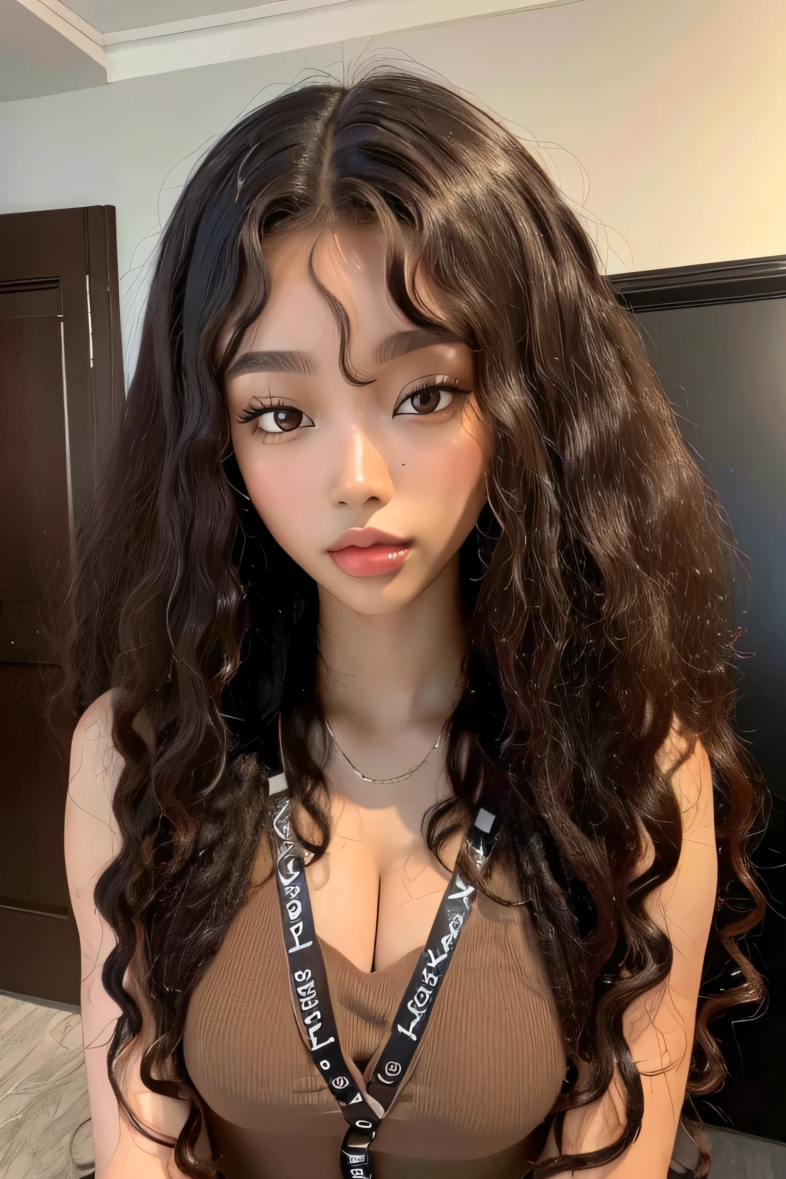masterpiece, best quality, 1 girl, solo, beautiful African and Asian mixed 19 year old, brown skin female, long, frizzy, curly dark hair, perfect face, long hair