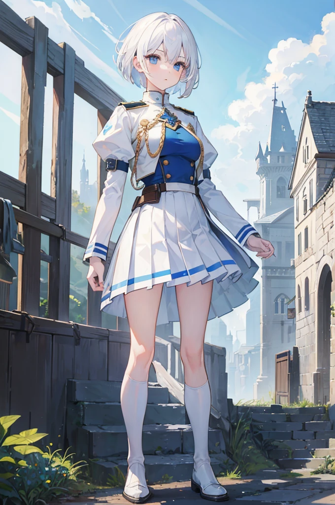 1girl, white hair, short hair, blue eyes, adventurer, (white and blue military uniform, center part white, outer part blue, symetrical), pleated skirt, full body, standing, upright, body facing the viewer, perfectly symetrical, medieval setting, small village, wooden buildings, grass, dirt, good proportions, detailed face, looking towards the viewer, determined expression, 
