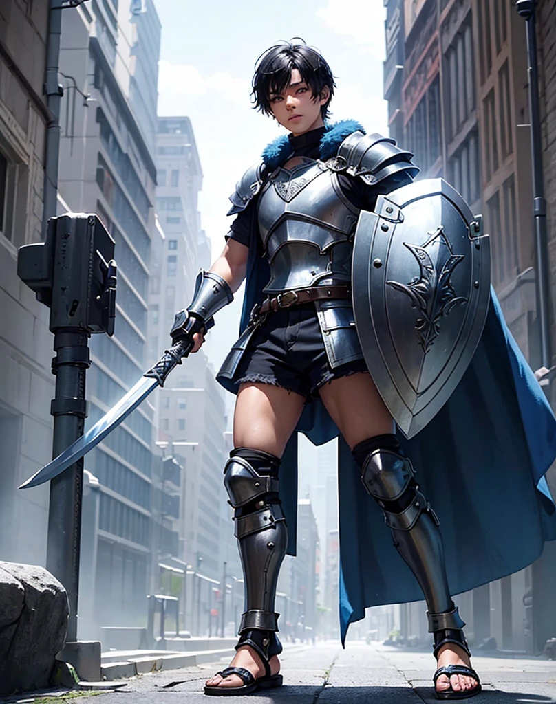 Young 13-year-old boy with black hair and brown eyes, innocent and happy, dressed in short neon-blue medieval barbarian clothes, fur shorts, light-blue battle armor, weilding silver sword and shield, sandals; fullbody; short hair, boyish athletic, sexy,