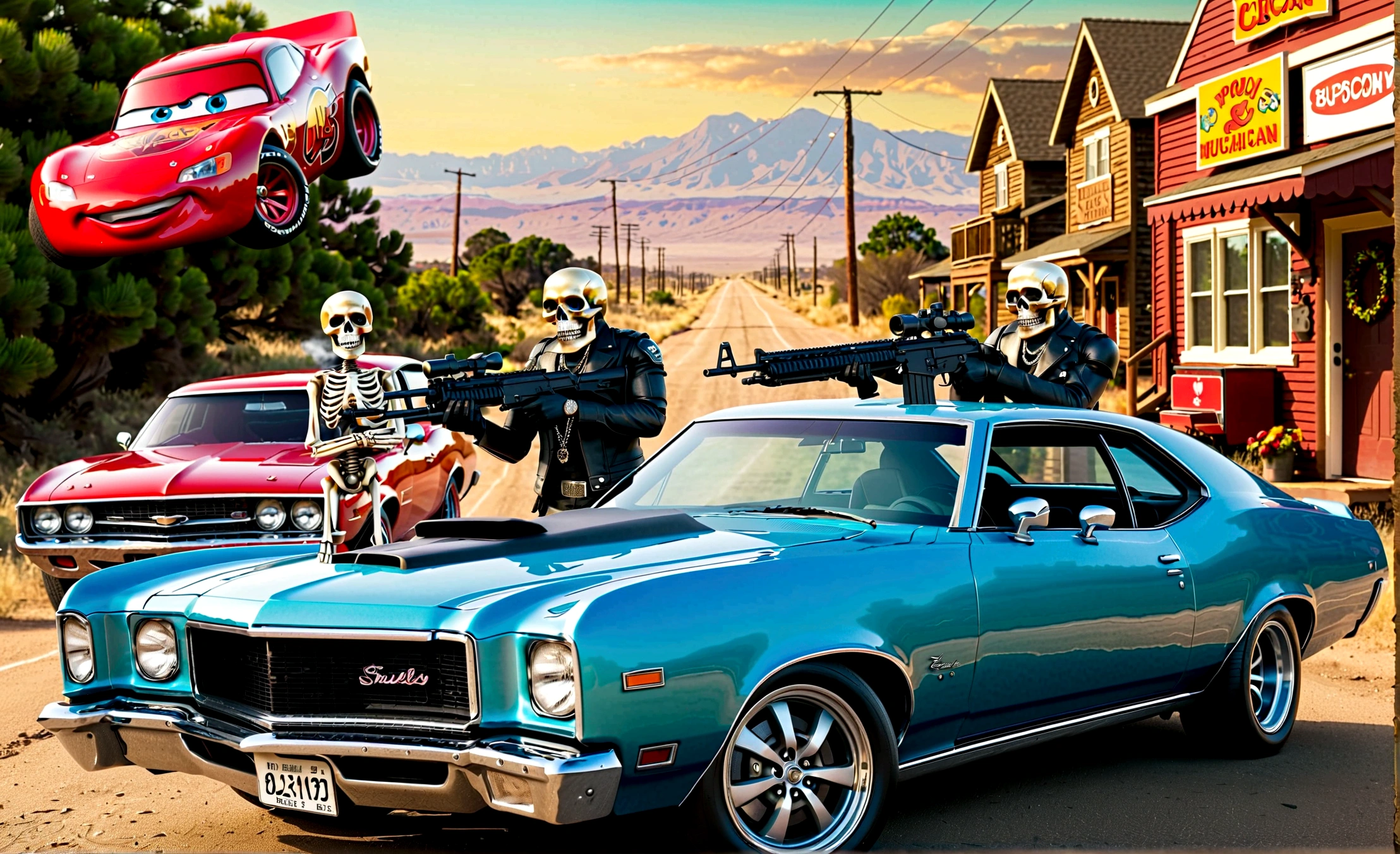 Two skulls on a spooly style musical album cover with cars machine guns dogs and jewelry