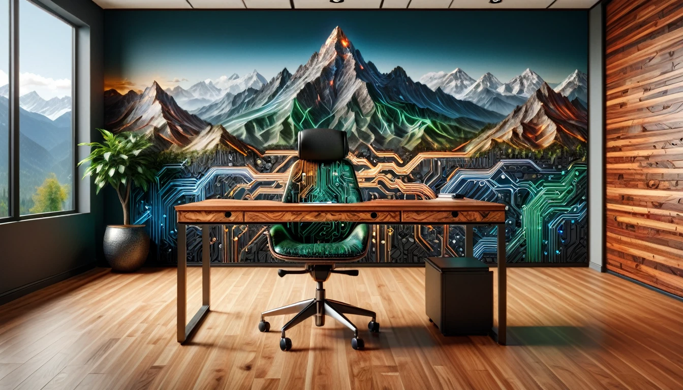 mad-circuit office chair and wooden desk in an expensive office, photograph of a mountain on the wall (masterpiece:1.2), best quality, (hyperdetailed, highest detailed:1.2), high resolution textures