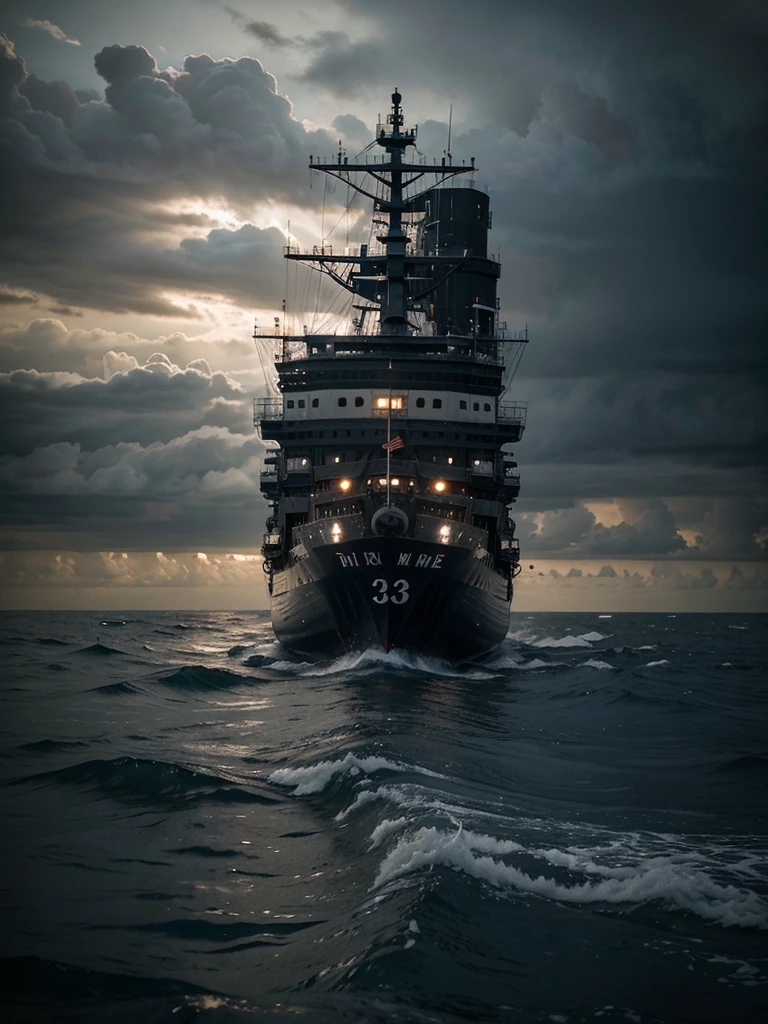 Create a highly realistic、Gloomy photography style image,Describes how once-fast and nimble ships are now too heavy to maneuver across the ocean. The vessel should appear heavily laden、Labored, Barely making it through turbulence, Dark water. The overall atmosphere should be gloomy and tense, Reflects the hardships and difficulties of the journey. The ocean should look rough、Relentless and ruthless, Overcast sky, Enhance the feeling of the hardship of the journey.