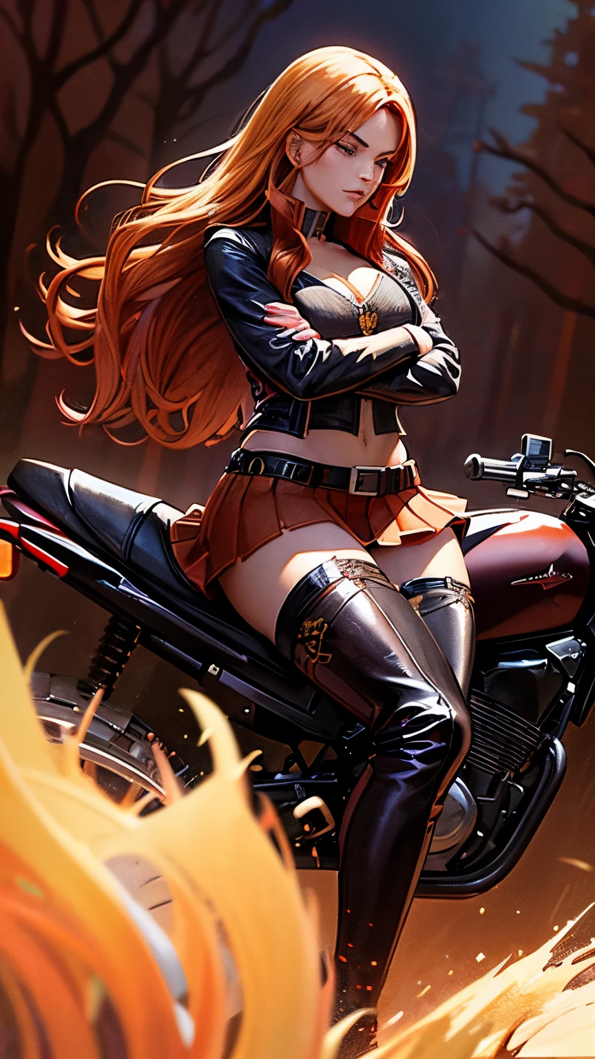 Young woman, solo, long red-blonde hair, skirt, simple background, blonde hair, shirt, black hair, high boots, riding a motorcycle, forest background, full body, boots, midriff, black high boots, black footwear, thigh boots, crossed arms, t-shirt, realism art style, Frank Frazetta and Lorenzo Sperlonga art style
