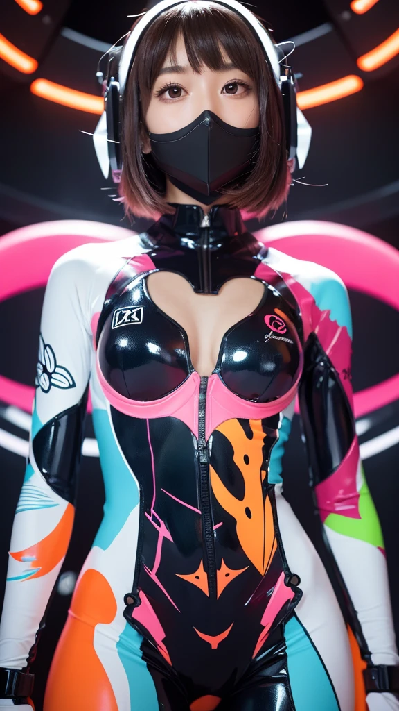 
"A girl wearing a semi-transparent anime-style bodysuit with a lot of exposed skin, similar to those in Evangelion. The suit has flashy patterns, and her entire skin is covered with art paint designed with plant motifs. She has a sexy face and figure. She is in a capsule that looks like a futuristic life support device, filled with light and switches glowing in various colors. The girl is looking up and making eye contact with the camera, and I am looking down at her, with the composition centered around her face."