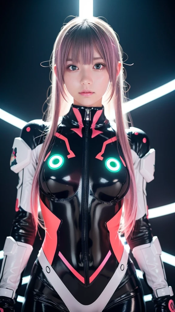"A girl wearing a semi-transparent anime-style bodysuit with a lot of exposed skin, similar to those in Evangelion. The suit has flashy patterns, and her entire skin is covered with art paint designed with plant motifs. She has a sexy face and figure. She is in a capsule that looks like a futuristic life support device, filled with light and switches glowing in various colors. The girl is looking up and making eye contact with the camera, and I am looking down at her, with the composition centered around her face."