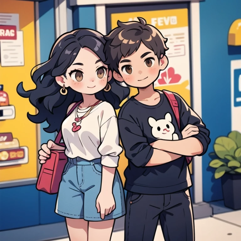 couple, 1 woman, a beautiful female, long wavy black hair, brown eyes, 1 man, a beautiful man, brown eyes , short wavy hair, beautiful smile, casual outfit