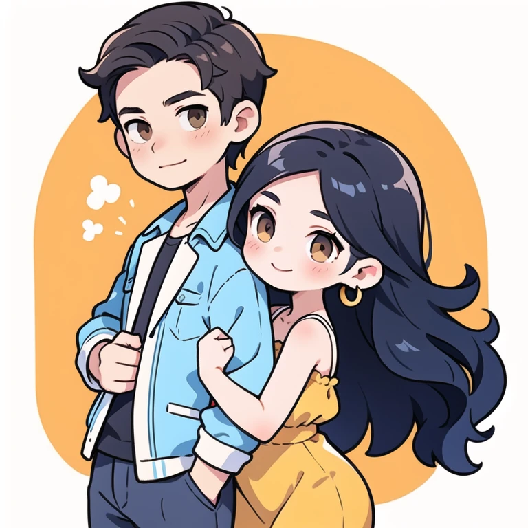 couple,  1 woman, a beautiful female, long wavy black hair, brown eyes, 1 man, a beautiful man, brown eyes , short wavy hair, beautiful smile,  casual outfit