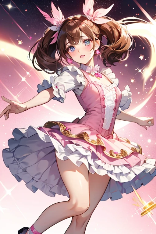 Fifi has pale skin, and curly dark brown hair that is below her waist. She has big green eyes and red lips, Her accessories consist of a fluffy Poodle dog hat with little pink bows.
Her outfit consits of a pink scarf that is tied to her neck. She wears a white shirt with black stripes, She also wears a pink long skirt with fishnet ruffles and a black Poodle print at the front. Her shoes is also black with pink soles platforms with a white ribbon decoration at the front of the shoe. SPARKLE; GLITTER