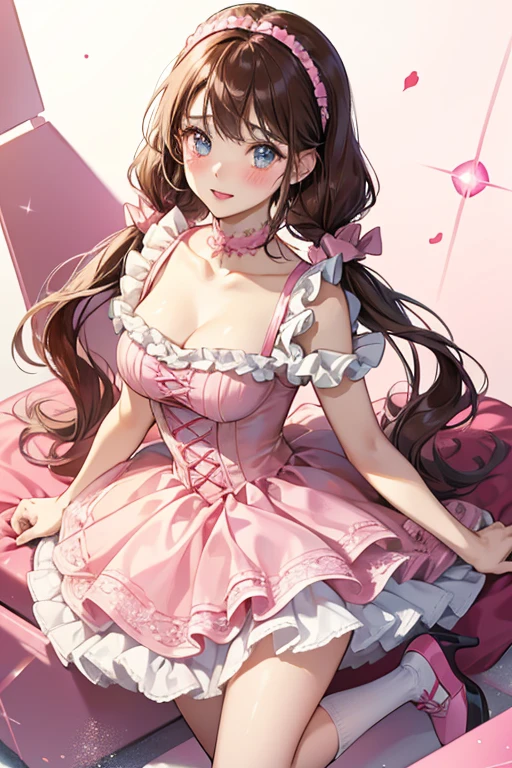 Majorette has white skin with faint red blushed cheeks and lipstick. Her eyes are blue, an her brown hair is worn in low braided pigtails. Her hair and eyes are glittery, and her blush is pink. She wears a pink lined dress with glittery pink and black protective gear, and pink glitter shoes with black bows and frilly white socks. SPARKLE; GLITTER