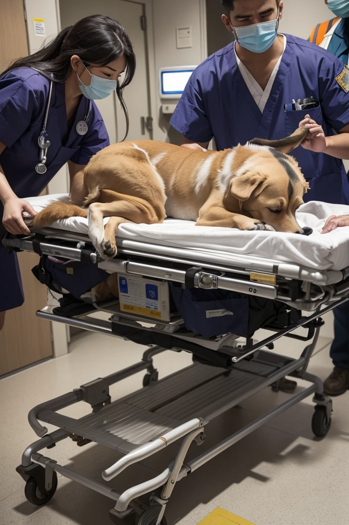 The dog breaks all four legs and is now being taken to the emergency surgery room on a stretcher at the hospital