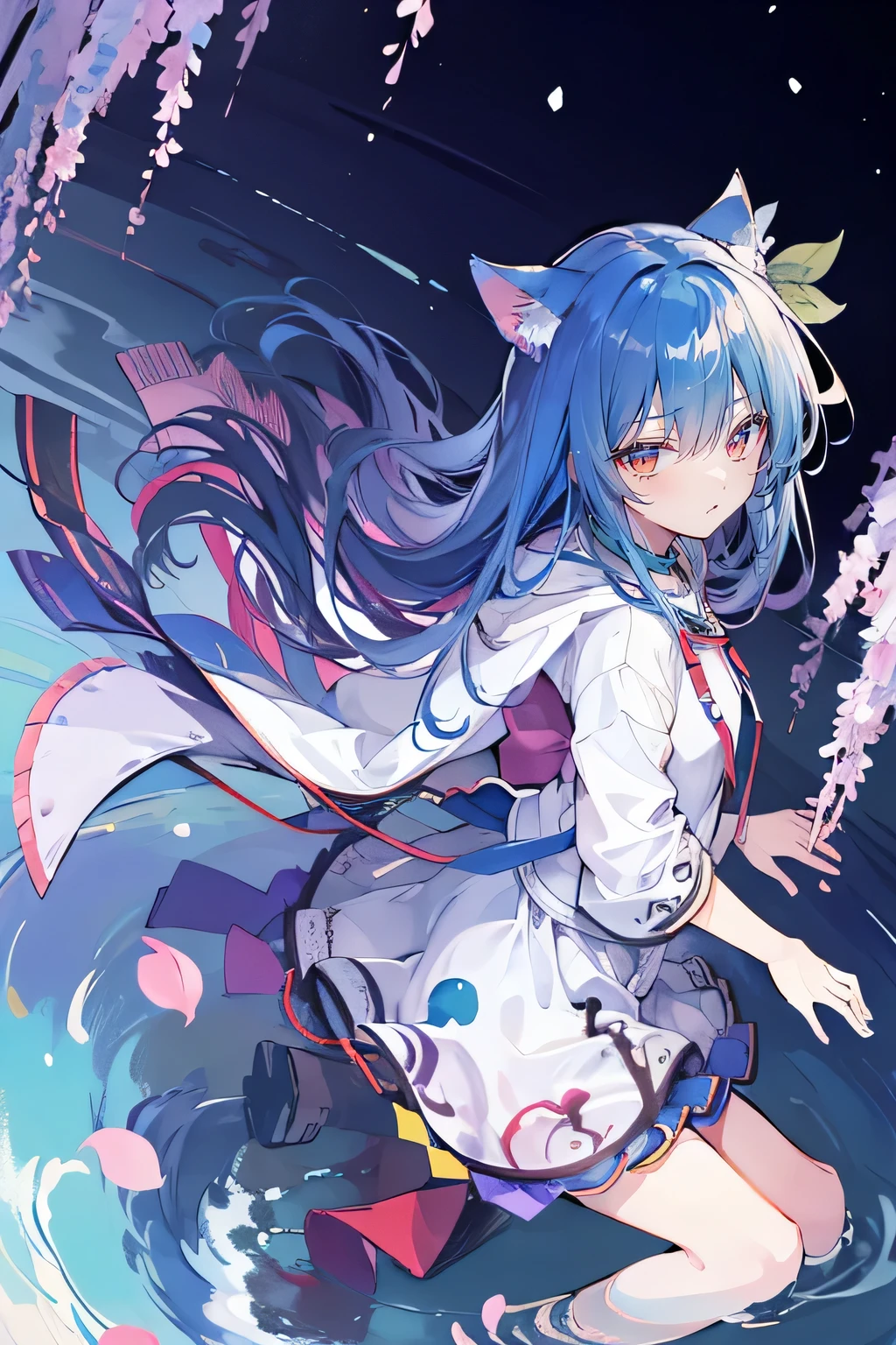 (masterpiece:1.2),Super detailed,lifelike,Expressive eyes,fair skin,perfect face shape,1 girl,
Japanese comics,Gorgeous blue hair,flowing blue hair,flowing clothes,Cat ears,Petals fall,beautiful lola,Baby Angel,
Shaking head with one hand,Cross your legs,Gentle and peaceful background,The pavilion is cool and comfortable,smile, wearing hoodie, background of tokyo,back views,snowing, winter,lie on the water.