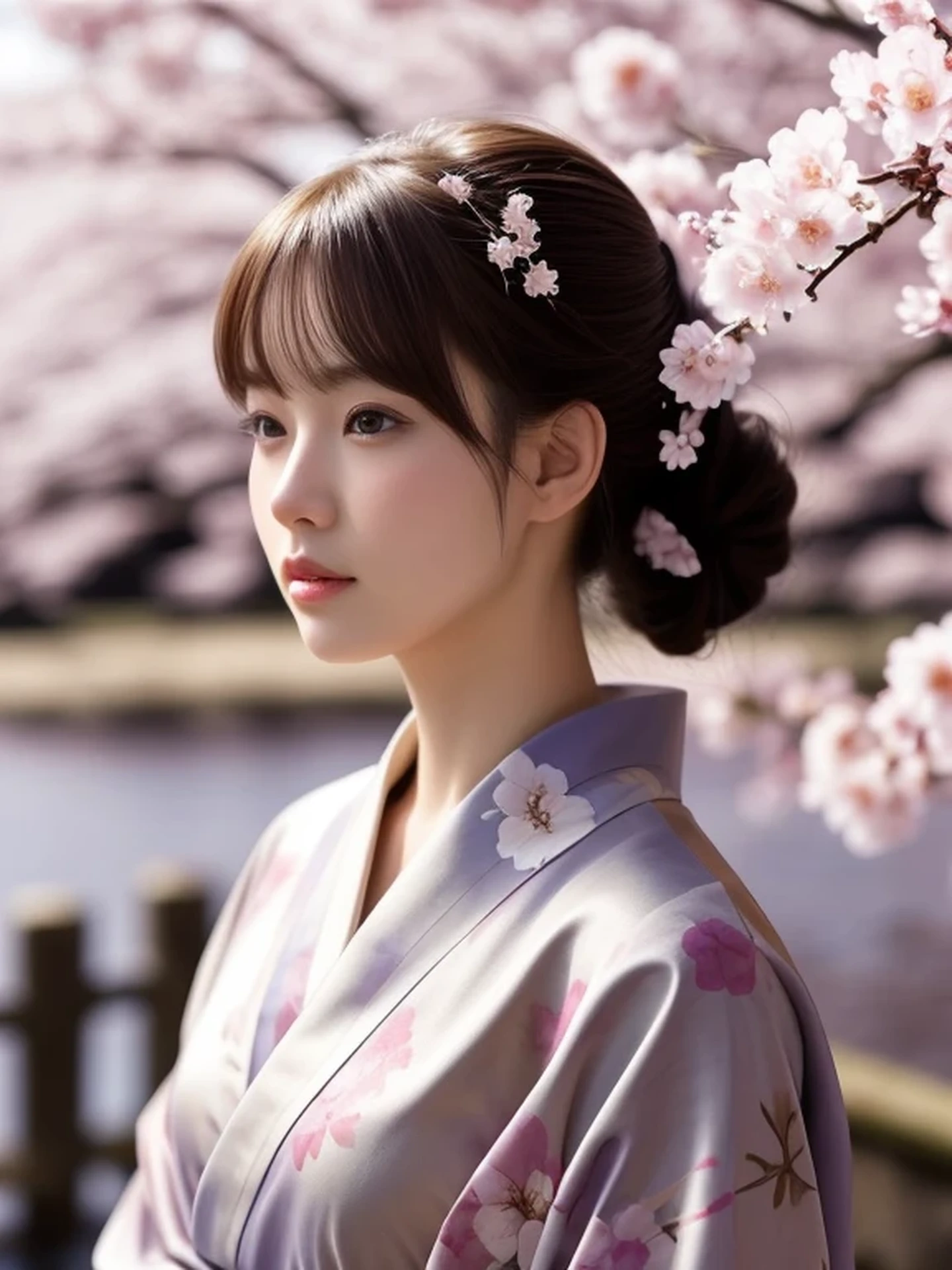 1 Japanese girl, (looking away:1.4), (upper body shot:1.2), Beautifully detailed eyeballs, catchlight in the eyes, Realistic digital painting of a woman portrait, Shy, Cute, open mouth to say something, sad, brown eyes, (half updo,:1.1), (light brown brunette hair:1.3), (Highly detailed skin:1.2), Mystical style, Global Illumination, Traditional Japanese floral printed Kimono, A silk kimono with a deep navy base. A garden with many blooming Cherry blossom trees