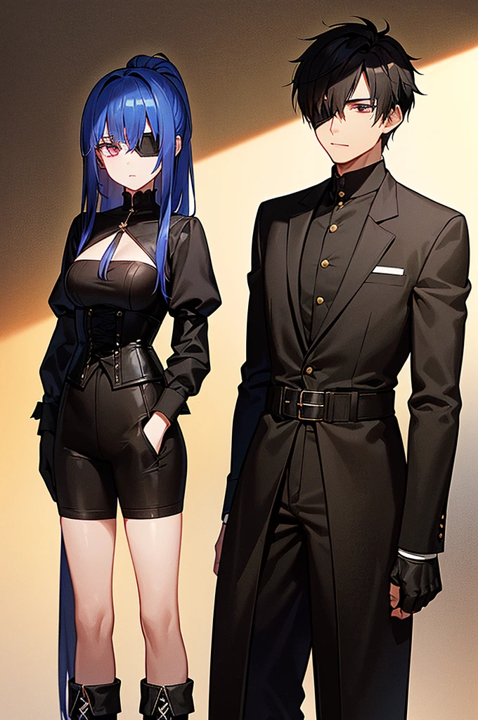 (masculine) (android) (only one person) (25 years) (appearance of a young adult) (his hair is navy blue, accompanied by lighter blue highlights, which she keeps tied up in a long ponytail that reaches to her waist. His bangs are cut into a long fringe that falls over the right side of his face and almost covers his right eye.. (a tall young man, about 24 years old) (thin complexion and sepia skin, which stands out for giving it a strange appearance. Its visible eye is sharp and periwinkle with long eyelashes and the same diamond-shaped pupil.,his clothes were black, in the torso, wore a corset. negro, and tight black pants, He wore boots that reached a little above his knees., He wore an eyepatch over his right eye., He had black gloves and a black cape with a little feathers and the clothes had an opening that showed his pectorals.) (background of a clear sky with vegetation and is on a balcony)