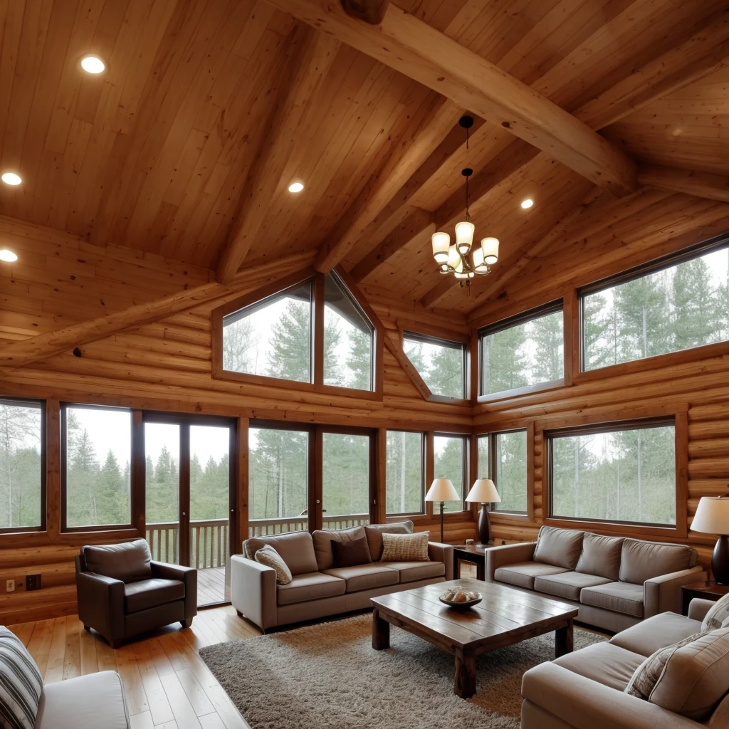 A double-height ceiling living room with a large, floor-to-ceiling window on one side of the log cabin. Outside, the view is completely white, giving a sense of a blank canvas. The living area is furnished with plush, contemporary sofas and chairs in neutral tones, grouped around a low, central coffee table. The room's color palette is composed of dark brown and warm tones, with the soft lighting from various lamps adding a cozy ambiance. On one wall, there is a 43-inch TV, adding comfort and entertainment for the occupants.
