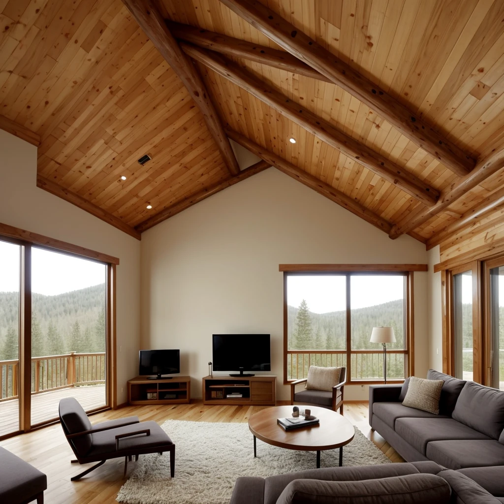 A double-height ceiling living room with a large, floor-to-ceiling window on one side of the log cabin. Outside, the view is completely white, giving a sense of a blank canvas. The living area is furnished with plush, contemporary sofas and chairs in neutral tones, grouped around a low, central coffee table. The room's color palette is composed of dark brown and warm tones, with the soft lighting from various lamps adding a cozy ambiance. On one wall, there is a 43-inch TV, adding comfort and entertainment for the occupants.