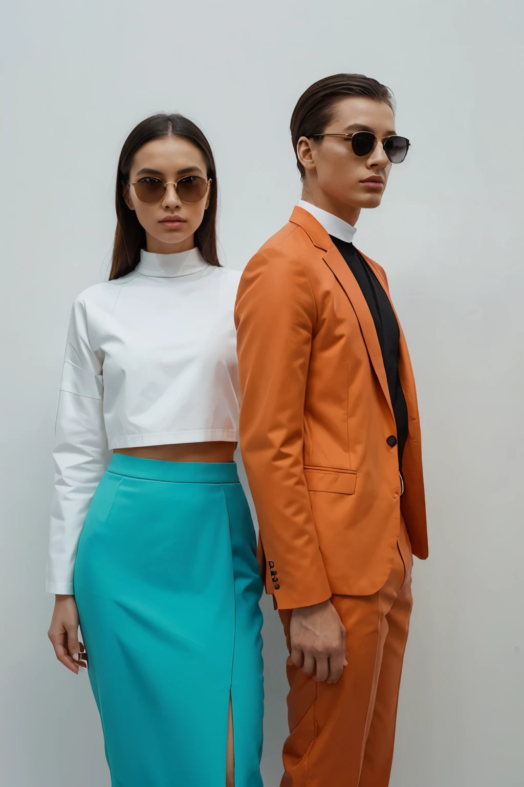 "Embrace the purity of minimalist fashion against a clean white backdrop. Picture a striking duo showcasing modern elegance: a man in a bold orange jacket paired with sleek black pants, and a woman in a sophisticated black blazer complemented by a structured turquoise skirt. Their minimalist attire, accentuated by futuristic sunglasses, creates a visually captivating contrast against the pristine white canvas, emphasizing their contemporary and refined style."