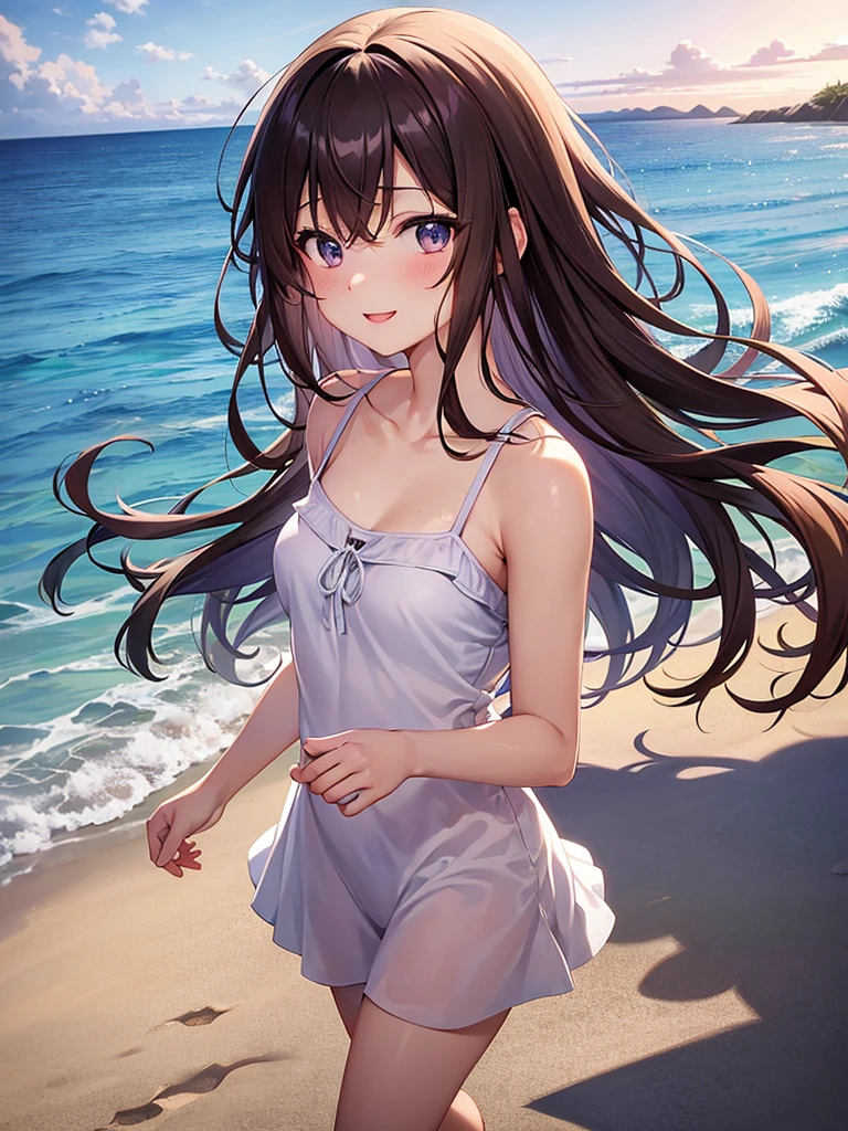 Location in Japan, Anime 1 girl, Brown hair, Eye color at the top is blue to the bottom is slightly purple, Cute face, Slim body, firm breasts, Slightly messy hair, smooth white skin like Mutia, The sun has set, on the beach, looking at the beach view, wearing a summer dress, Happy smiling, masterpiece, 8k.
