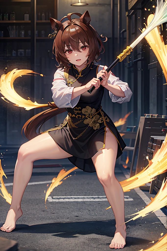 ((Highest quality)), ((masterpiece)), Highest quality),Red mini cheongsam，barefoot，Full body portrait，Open your legs，Wushu stance，