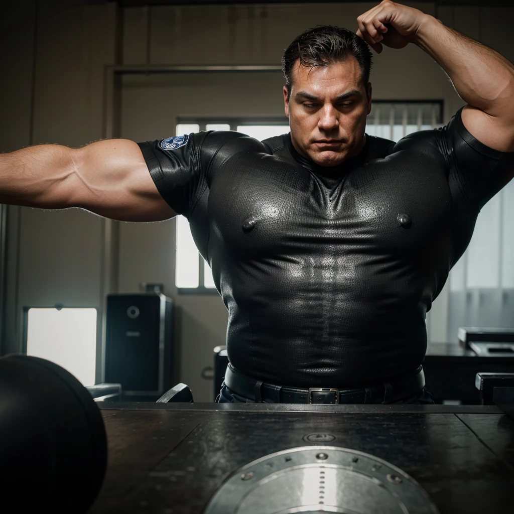 A 600lbs Bodybuilder as police officer, he sweatier all over body