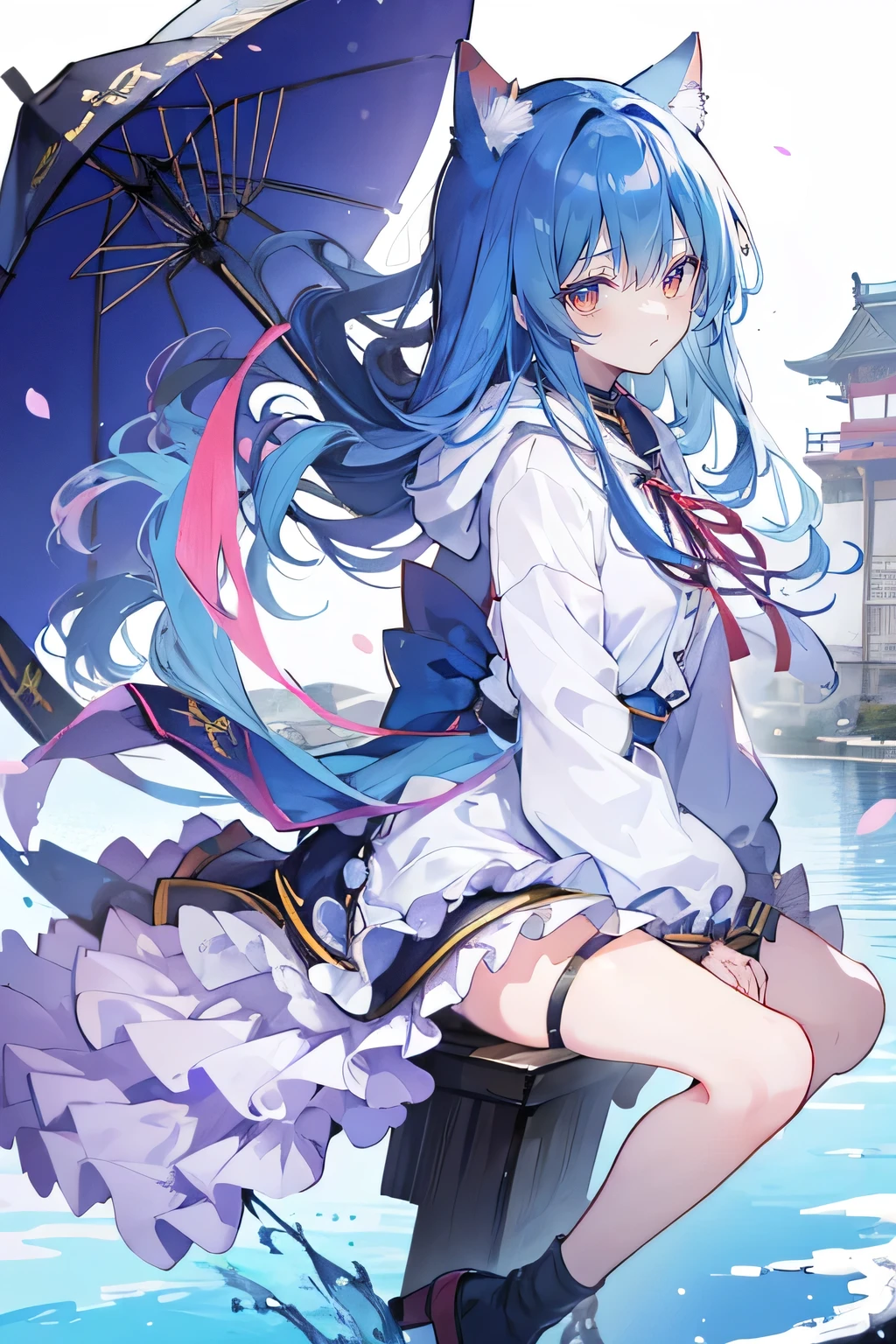 （masterpiece：1.2），Super detailed，lifelike，Expressive eyes，fair skin，perfect face shape，1 girl，
Japanese comics,Gorgeous blue hair,flowing blue hair,flowing clothes,Cat ears,Petals fall,beautiful lola,Baby Angel,
Shaking head with one hand，Cross your legs，Gentle and peaceful background，The pavilion is cool and comfortable,smile, wearing hoodie, background of tokyo,back views,snowing, winter,lie on the water.