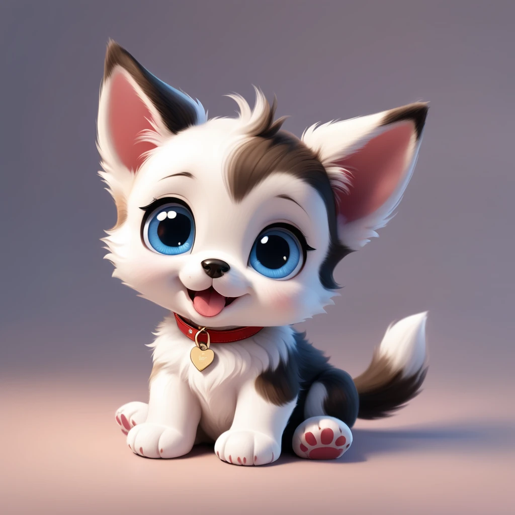 an adorable cartoon-style puppy sitting in a cute pose. The puppy has a fluffy black, white and brown fur pattern with large, expressive blue eyes and a happy, open-mouthed smile. The puppy's ears are pointed and slightly pink on the inside. It wears an red collar with a small gold tag. The fur is detailed and plush, giving the kitten a soft and cuddly appearance. The background is a simple, light pastel color to keep the focus on the puppy. The lighting is soft, adding a gentle glow to the scene.