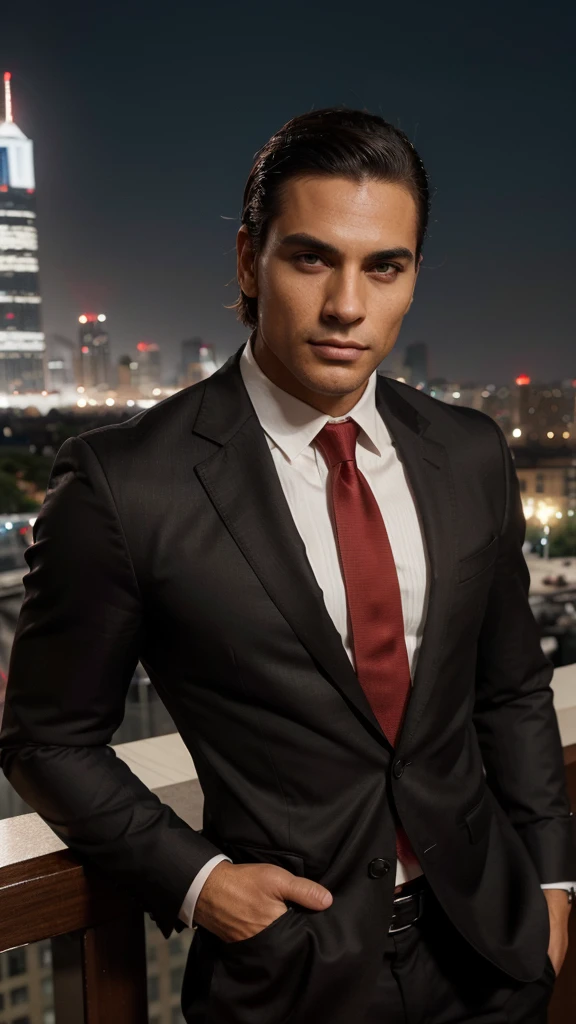 Entendido! Aqui está o prompt melhorado com as mudanças solicitadas:
"A handsome and attractive man with a more masculine appearance, short straight hair slicked back, brown eyes, and lightly tanned skin. He is dressed in a classic, luxurious dark black blazer, white shirt, and a red tie, exuding power and confidence. The background features a modern cityscape with tall skyscrapers and a prominent tower, emphasizing a sleek and urban atmosphere. His face is highly realistic, capturing fine details and lifelike expressions."