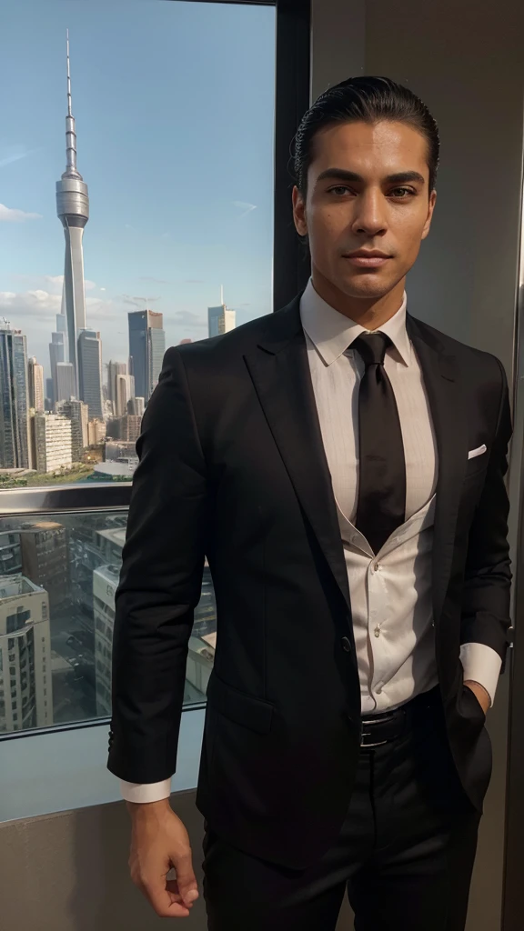 Entendido! Aqui está o prompt melhorado com as mudanças solicitadas:
"A handsome and attractive man with a more masculine appearance, short straight hair slicked back, brown eyes, and lightly tanned skin. He is dressed in a classic, luxurious dark black blazer, white shirt, and a red tie, exuding power and confidence. The background features a modern cityscape with tall skyscrapers and a prominent tower, emphasizing a sleek and urban atmosphere. His face is highly realistic, capturing fine details and lifelike expressions."