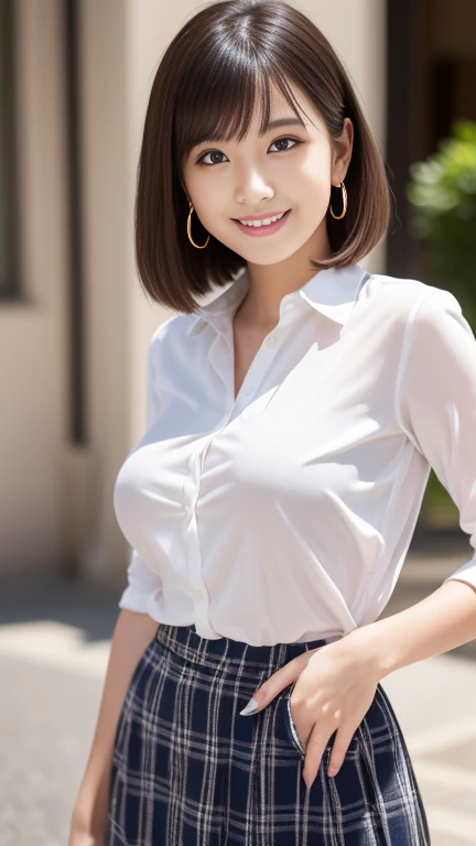 (masterpiece)、(Highest quality:1.5)、(Photorealistic:1.2)、(Surreal), (High resolution), (Realistic), (Post-processing),(Sharp focus), Sharp focus:1.2,Backlight, (Improvement of quality:1.4), Healthy thighs、(Narrow waist)、Big Ass、((Perfectly detailed five-fingered hands)),(Anatomically correct body)、((1 female:1.4))、Japanese、Realistic Skin、(Small chest:1.4)、Bust size is A cup、Pretty woman with perfect figure:1.4,(from the front:1.5), (Enhances the beauty of skin texture:1.1),No makeup、美しいBlack Hair、The best smile、Natural color lip、(Small Mouth:1.4)、(Oval Face)、Even bangs、Hide eyebrows with bangs、((29-year-old woman))、Bob Hair、Hair blowing in the wind, (Black Hair, Iris, Watery eyes, Shining Eyes, Bob Cut Hair, Small earrings,), Hair behind the ear、No makeup、(Drooping eyes)、Drooping eye corners、Photos taken by a professional photographer,1 girl, Cute Smile,whole body、(((One lovely woman)),((A big friendly smile)),(( Small breasts,Small breastsの谷間)),((((Plump Cheeks)))),((whole body:1.5)),A woman standing in the streets Ginza、Wearing a navy blue blazer、Wearing a white blouse、Wearing a checked skirt、Wear pumps、The wind is blowing、A bag is hanging From the right shoulder、Balanced proportions、Small breasts、(whole bodyスリムな体型:1.5)、