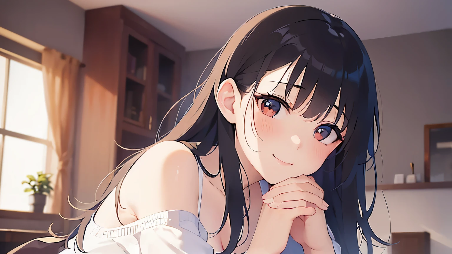 looking up, clasping own hands、side angle, Realistic, real person, (pale skin: 1.2), upper body, RAW photo, photorealistic, shiny skin, shiny hair、(A 35-year-old woman with medium-length hair and bangs) and (wavy hair) and (brown hair) and (Orange Eyes) , (white) and (off shoulder blouse)、Cleavage、(blush:1.5), smile, The background is the living room、Alone、Are standing