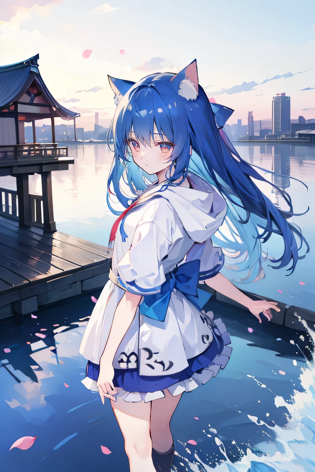 (masterpiece:1.2),Super detailed,lifelike,Expressive eyes,fair skin,perfect face shape,1 girl,
Japanese comics,Gorgeous blue hair,flowing blue hair,flowing clothes,Cat ears,Petals fall,beautiful lola,Baby Angel,
Shaking head with one hand,Cross your legs,Gentle and peaceful background,The pavilion is cool and comfortable,smile, wearing hoodie, background of tokyo,back views,snowing, winter,lie on the water.