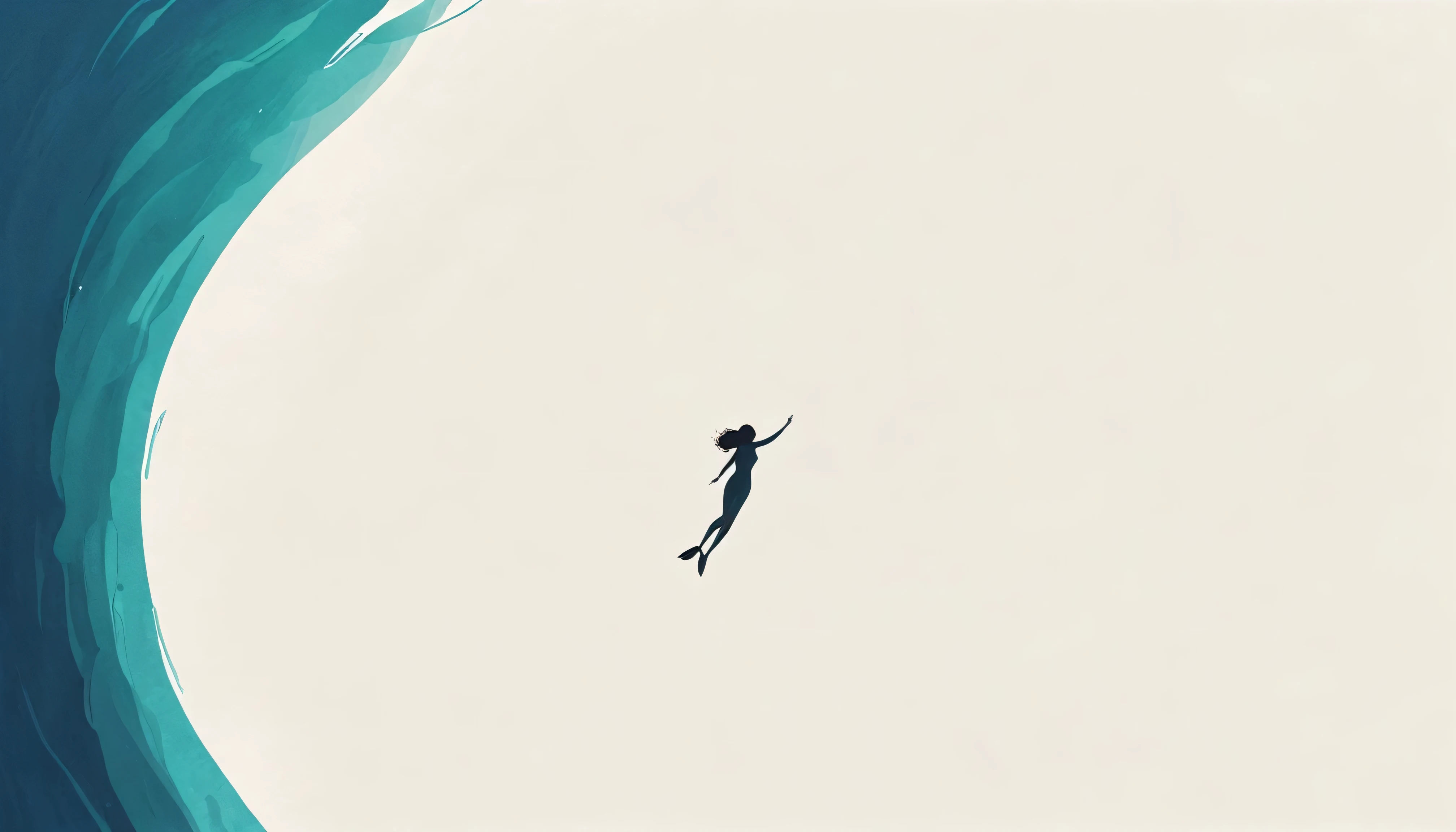 Minimalist Journey, diving, Solitary, 1 girl swimming gracefully with beautiful curves, Minimalism, Under the Sea, illustration.