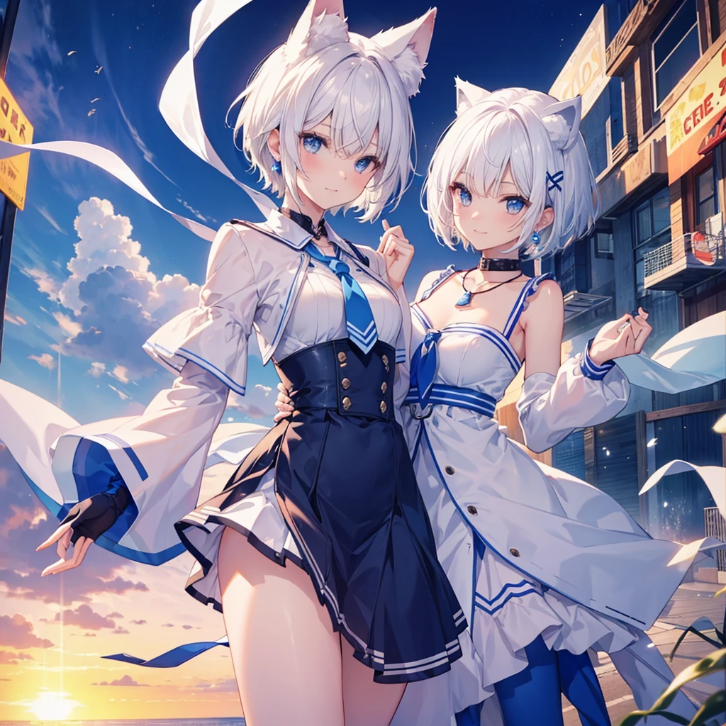 White Hair　blue eyes　short hair　Have　student　Cat ear　nice　Blue Earrings　necklace　gloves　beauty　thin　Sailor suit　Put on a black coat　Fantasy　smile　coastal　sunset　Fluffy hair