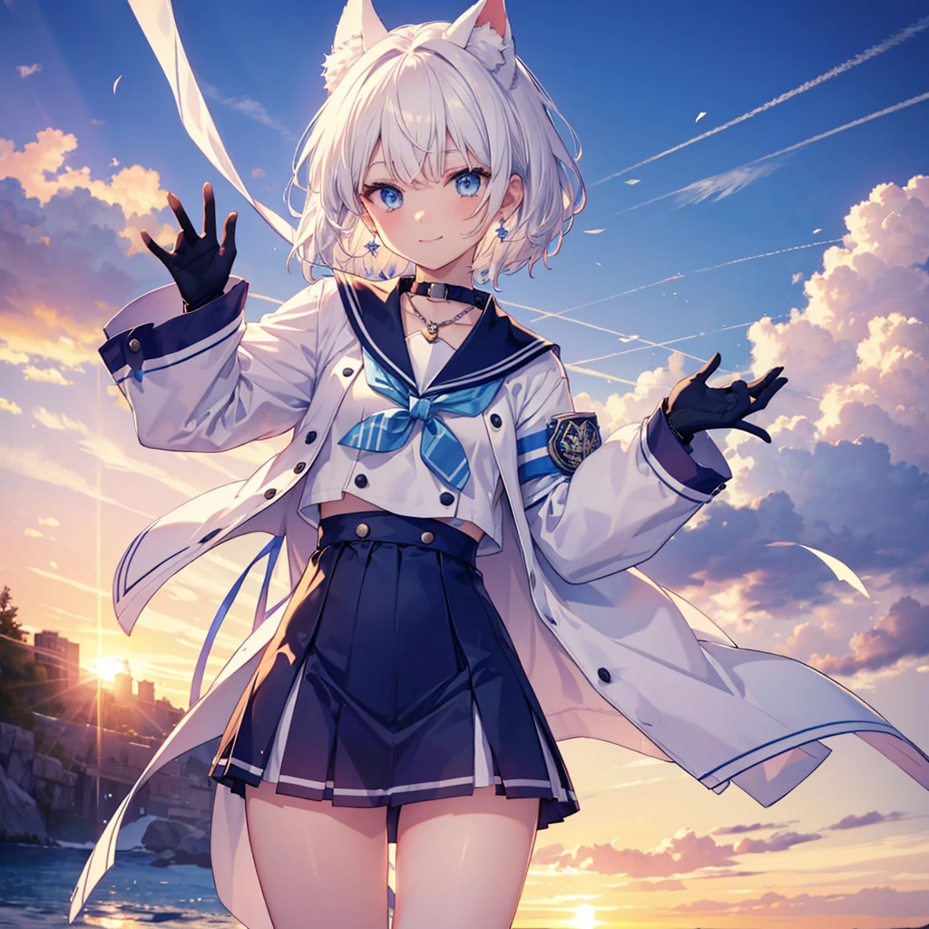 White Hair blue eyes short hair Have student Cat ear nice Blue Earrings necklace gloves beauty thin Sailor suit Fantasy smile sunset Fluffy hair