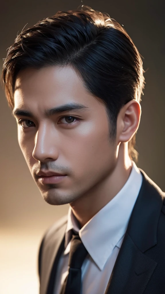 a handsome asian man, realistic portrait, detailed facial features, beautiful eyes, sharp nose, full lips, flawless skin, perfect symmetry, sharp jawline, detailed clothing, silk shirt, tailored suit, confident expression, serious gaze, dramatic lighting, chiaroscuro lighting, cinematic lighting, dramatic shadows, warm color tones, rich tones, high quality, 8k, photorealistic, masterpiece, ultra-detailed, hyperrealistic, by greg rutkowski, by artgerm, by ross tran