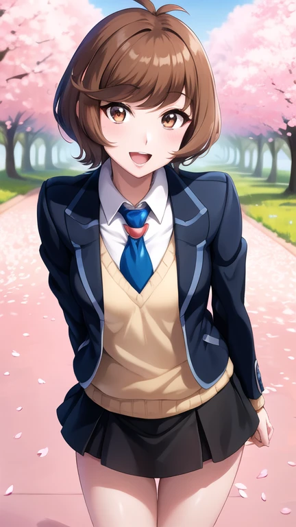 masterpiece, best quality, highres, hmza, short hair, antenna hair, brown eyes, , blue necktie, black jacket, open jacket, long sleeves, black skirt, arms behind back, leaning forward, smile, open mouth, standing, cherry blossoms, outdoors