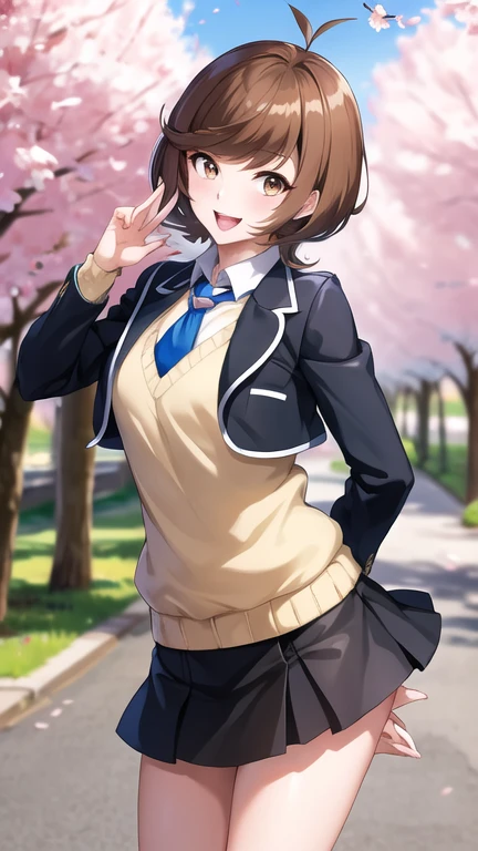 masterpiece, best quality, highres, hmza, short hair, antenna hair, brown eyes, , blue necktie, black jacket, open jacket, long sleeves, black skirt, arms behind back, leaning forward, smile, open mouth, standing, cherry blossoms, outdoors