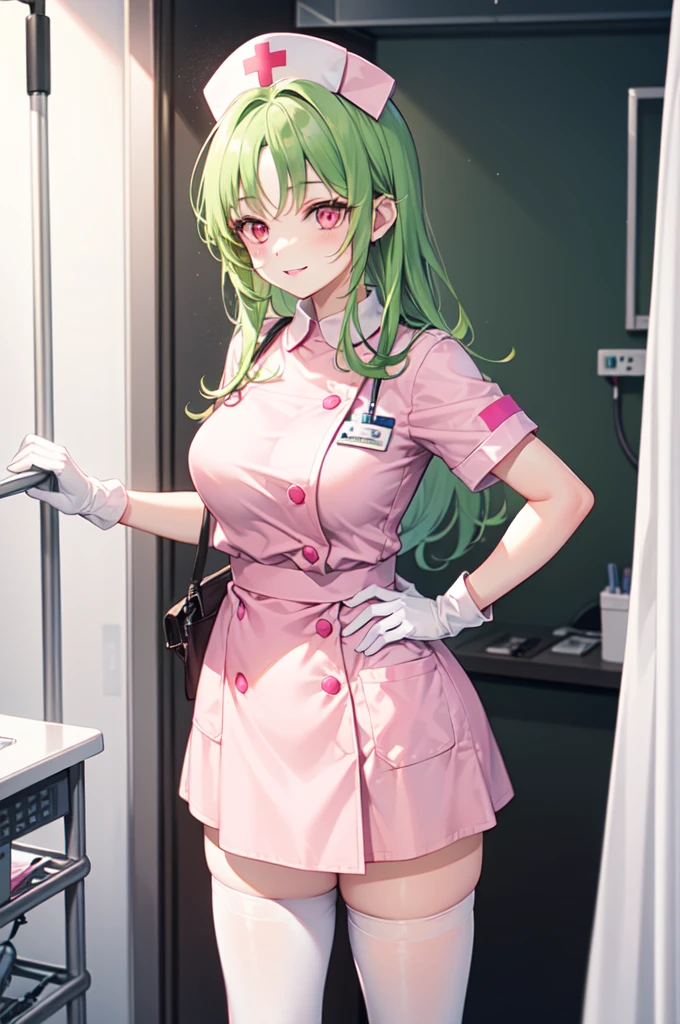 1woman, solo, nurse, white nurse cap, white nurse uniform, ((white legwear, zettai ryouiki)), white gloves, forehead, long hair, green hair, pink eyes, pink lips, smile, standing, ((hospital room)), sharp outline, short sleeves, mature female, 35 years old, best quality, masterpiece