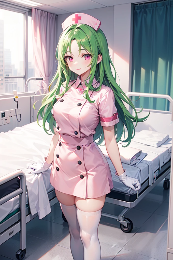 1woman, solo, nurse, white nurse cap, white nurse uniform, ((white legwear, zettai ryouiki)), white gloves, forehead, long hair, green hair, pink eyes, pink lips, smile, standing, ((hospital room)), sharp outline, short sleeves, mature female, 35 years old, best quality, masterpiece