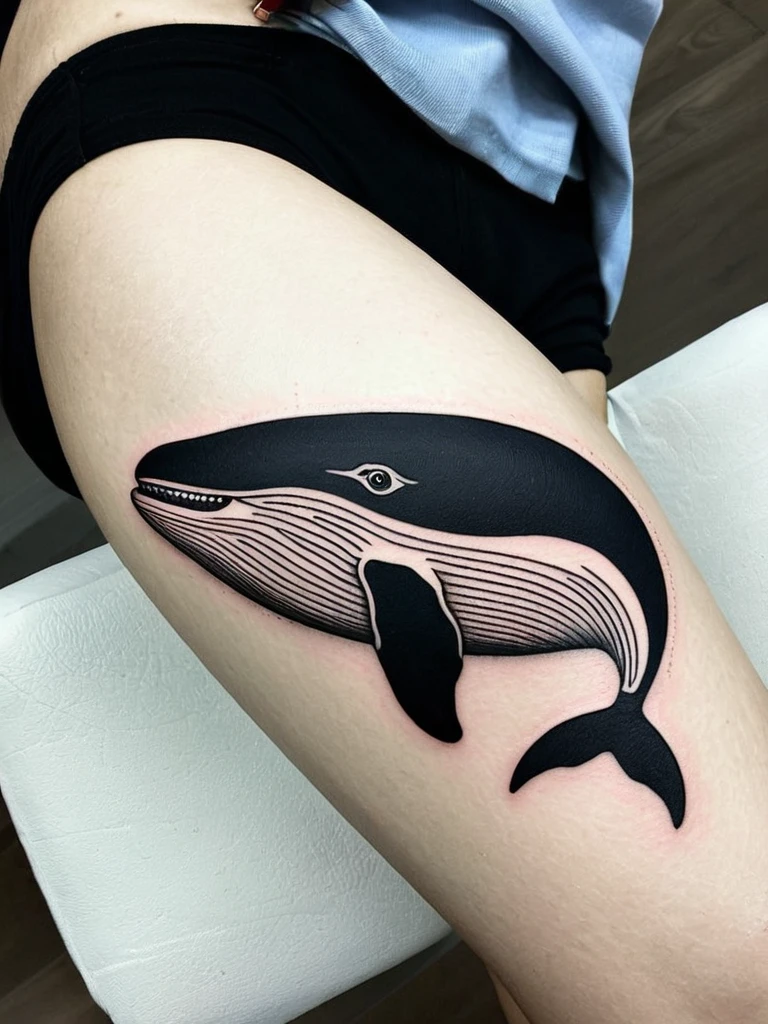 Masterpiece, trash-polka tattoos, sketch, minimalism, pencil drawing, clear lines, delicate ornament, whale, (photo of the upper thighs:1.3)