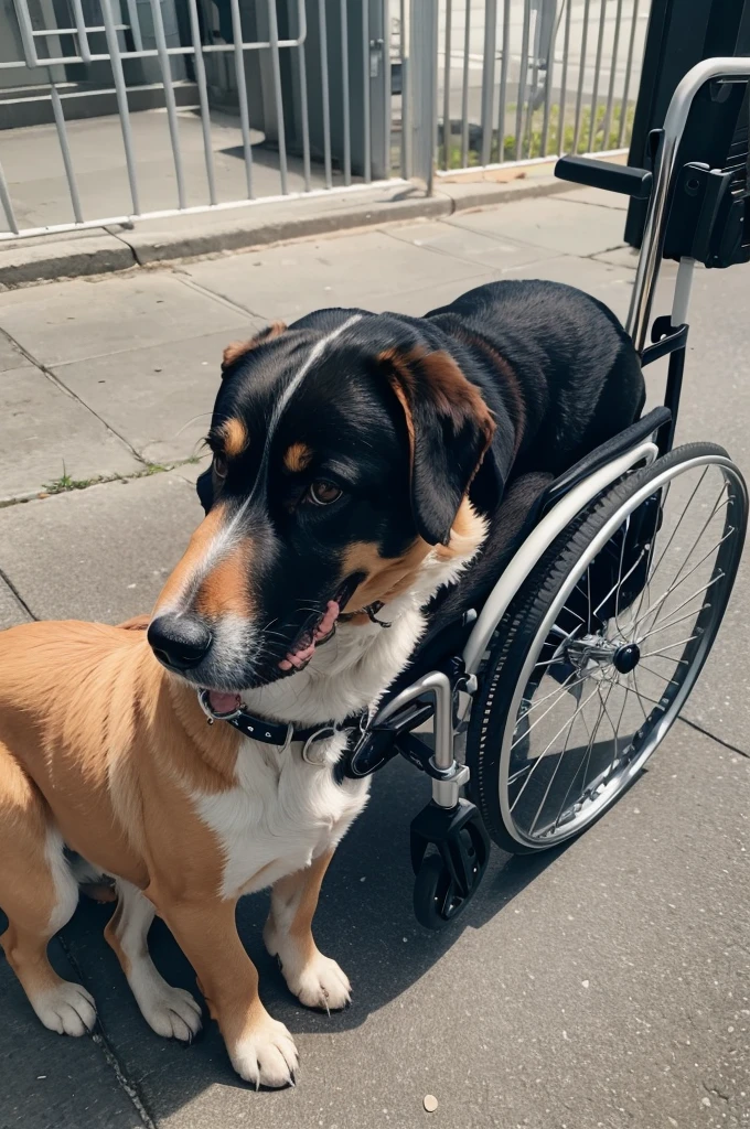 The dog now in the wheelchair cries