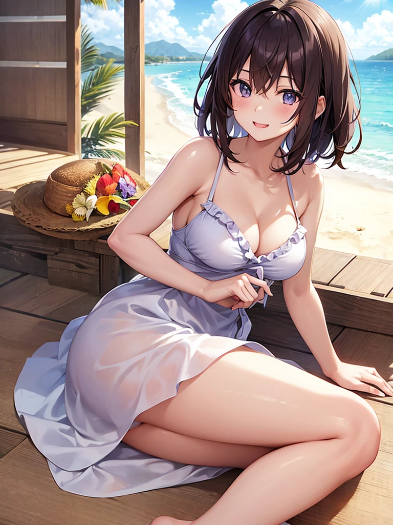 Location in Japan, Anime 1 girl, Brown hair, Eye color at the top is blue to the bottom is slightly purple, Cute face, Slim body, firm breasts, Slightly messy hair, smooth white skin like Mutia, The sun has set, on the beach, looking at the beach view, wearing a summer dress, Happy smiling, masterpiece, 8k.