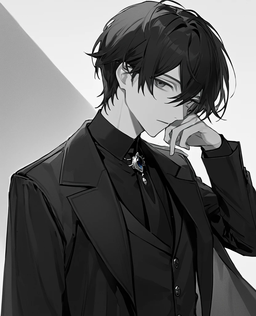 yuto-sano, 1boy, Kaneki, black hair, black suit, black long sleeves, fur coat, elegant, monochrome, solo, greyscale, male focus, looking at viewer