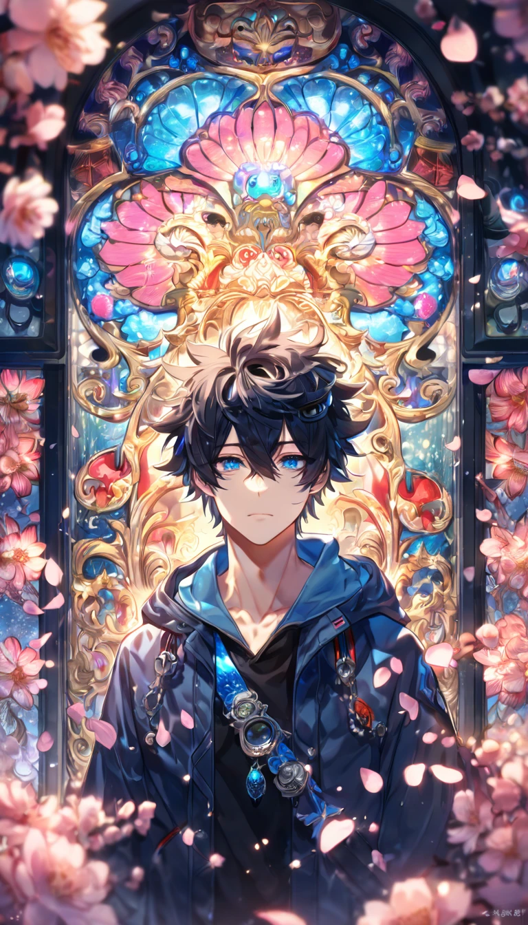 Ultra detailed, highres, absurdres, HDR, master piece, Gareki, messy hair, black hair, hair between the eyes, expressive blue eyes, Karneval, fantasy, pink petals, water, pink flowers, handsome, sexy man, solo, best quality, blossoms, blue shining fireflies, black shirt, a hooded blue coat, a pair of black goggles on the forehead